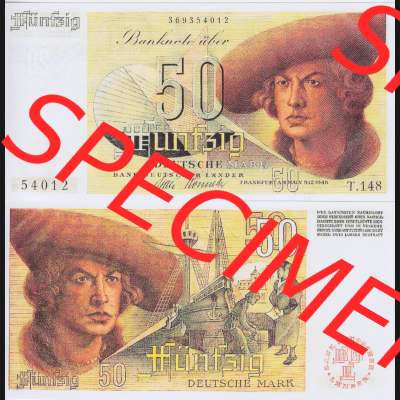 BRD Deutschland Bank Deutscher Länder 1948, 50 DM Deutsche Mark. Vorderseite und Rückseite auf einen Digitalen Bild der Banknoten Deutschland 1948 der Bank Deutscher Länder,... Sammlung