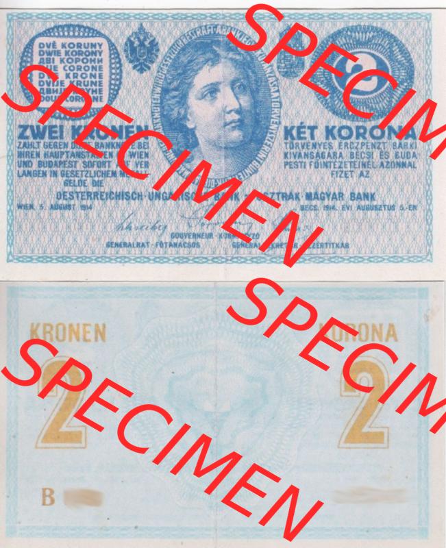 Banknoten Österreich 1914-1914, 2 Kronen Serie B. Vorderseite und Rückseite auf einen Digitalen Bild der Banknoten von Österreich 1913-1919, Banknoten aus Satz der Banknoten... Sammlung