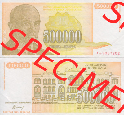 Banknoten Jugoslawien 1994-1994, 500000 500000 Dinar. Vorderseite und Rückseite einer Banknote aus dem nicht mehr existierenden... Sammlung