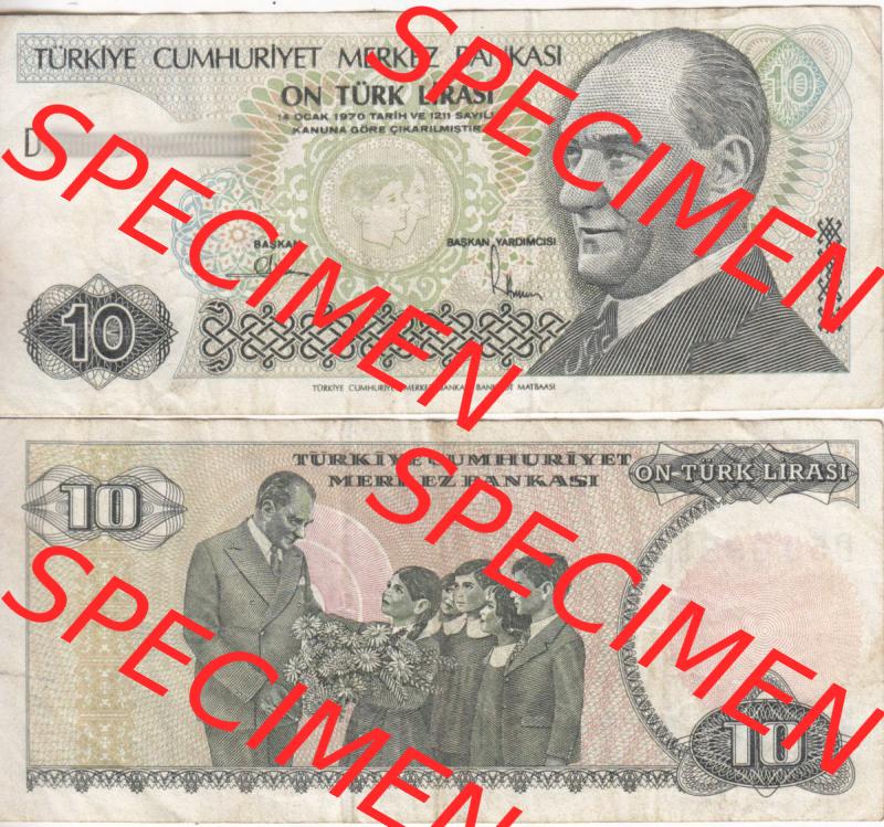 Banknote Türkei 1979-1979 (1970), 10 Lira. Vorderseite und Rückseite auf einen Digitalen Bild der Banknoten der Türkei 1968-1986, Banknoten aus Satz der Banknoten... Sammlung