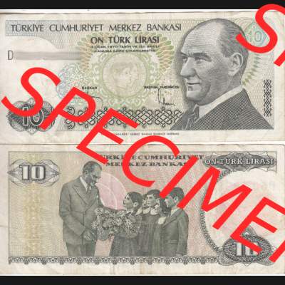 Banknote Türkei 1979-1979 (1970), 10 Lira. Vorderseite und Rückseite auf einen Digitalen Bild der Banknoten der Türkei 1968-1986, Banknoten aus Satz der Banknoten... Sammlung