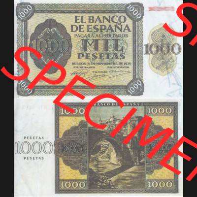 Banknoten Spanien 1936-1936, 1000 Peseten. Vorderseite und Rückseite auf einen Digitalen Bild der Banknoten von Spanien 1936, Banknoten aus Satz der Banknoten Spanien 1936 in der... Sammlung