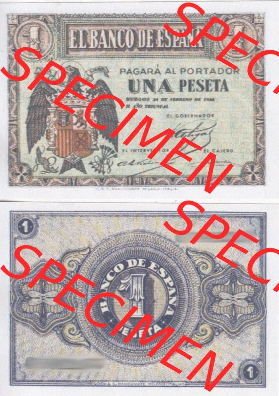 Banknoten Spanien 1938-1938, 1 Pesete Februar 1938. Vorderseite und Rückseite auf einen Digitalen Bild der Banknoten von Spanien 1937-1938, Banknoten aus Satz der Banknoten Spanien... Sammlung