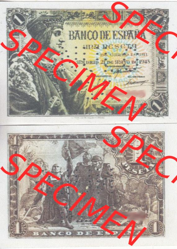 Banknoten Spanien 1943-1943, Pesete. Vorderseite und Rückseite auf einen Digitalen Bild der Banknoten von Spanien 1943, 1945, Banknoten aus Satz der Banknoten Spanien 1943,... Sammlung