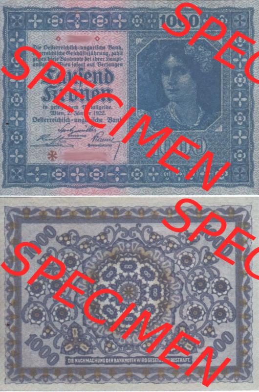 Banknoten Österreich 1922-1922, 1000 Kronen. Vorderseite und Rückseite auf einen Digitalen Bild der Banknoten von Österreich 1922, Banknoten aus Satz der Banknoten Österreich... Sammlung