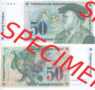 Banknoten Schweiz 1985-1985, 50 Franken. Vorderseite und Rückseite auf einen Digitalen Bild der Banknoten der Schweiz 1983-1985,... Sammlung