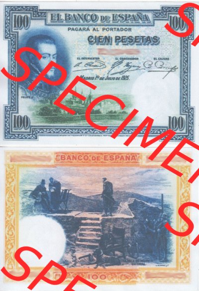 Banknoten Spanien 1925-1925, 100 Peseten. Vorderseite und Rückseite auf einen Digitalen Bild der Banknoten von Spanien 1925,... Sammlung