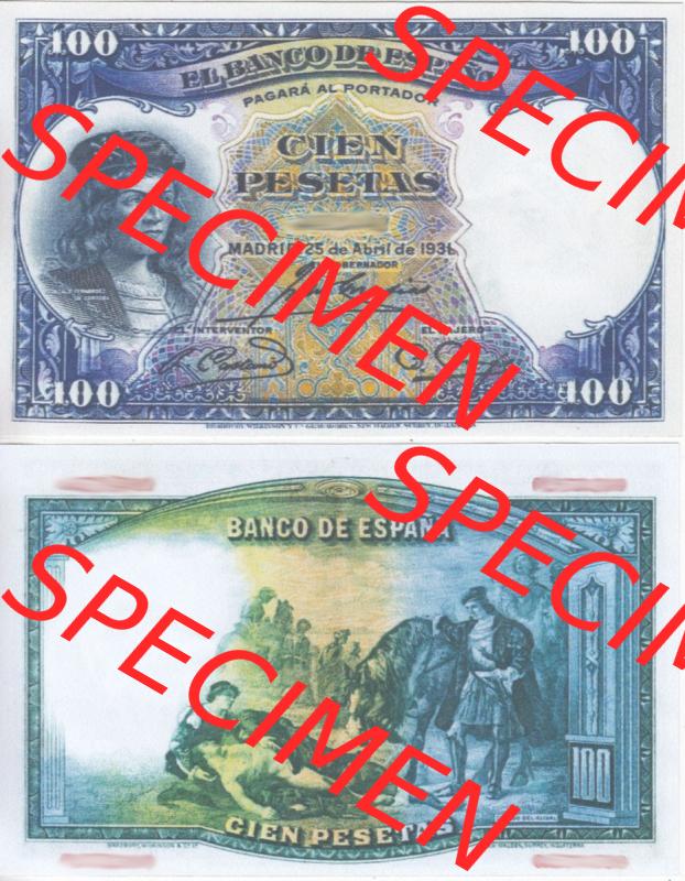 Banknoten Spanien 1931-1931, 100 Peseten. Vorderseite und Rückseite auf einen Digitalen Bild der Banknoten von Spanien 1931, Banknoten aus Satz der Banknoten Spanien 1931 in der... Sammlung