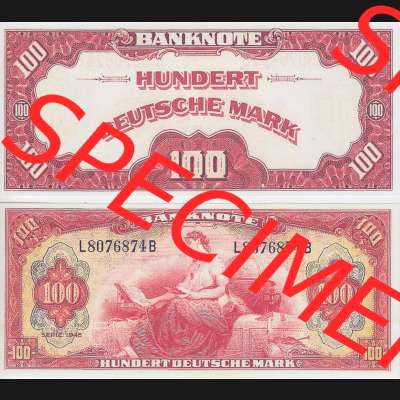 BRD Deutschland Alliierte Besetzung 1948, 100 Deutsche Mark. Vorderseite und Rückseite auf einen Digitalen Bild der Banknoten Deutschland 1948 der Alliierte Besetzung, Banknoten... Sammlung