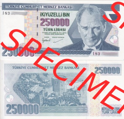 Banknote Türkei 1970, 250000 250000 Lire . Vorderseite und Rückseite auf einen Digitalen Bild der Banknoten der Türkei 1968-1986,... Sammlung