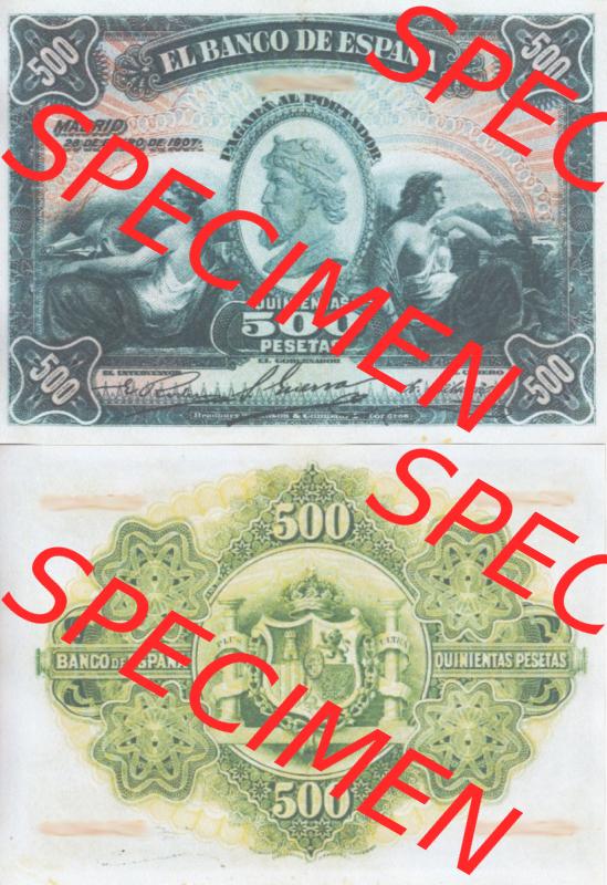 Banknoten Spanien 1907-1907, 500 Peseten. Vorderseite und Rückseite auf einen Digitalen Bild der Banknoten von Spanien 1907, Banknoten aus Satz der Banknoten Spanien 1907 Peseten-Währung... Sammlung