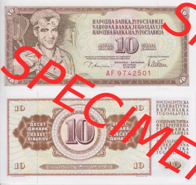 Banknoten Jugoslawien 1978-1981, 10 Dinar. Vorderseite und Rückseite einer Banknote aus dem nicht mehr existierenden Land Jugoslawien... Sammlung