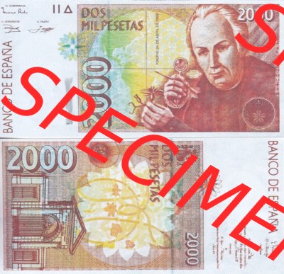Banknoten Spanien 1992-1996, 2000 Peseten 1 Seriennummer. Vorderseite und Rückseite auf einen Digitalen Bild der Banknoten von... Sammlung