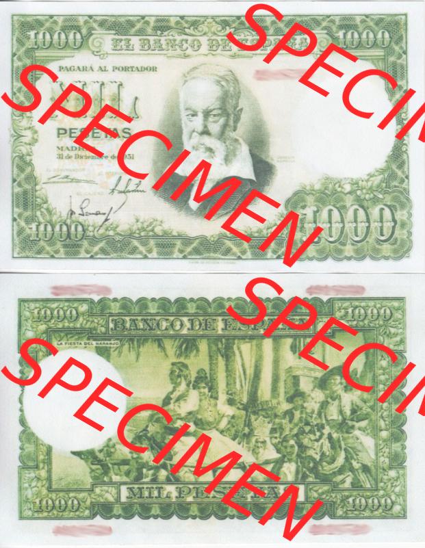 Banknoten Spanien 1951-1953, 1000 Peseten. Vorderseite und Rückseite auf einen Digitalen Bild der Banknoten von Spanien 1951-1956, Banknoten aus Satz der Banknoten Spanien 1951-1956... Sammlung