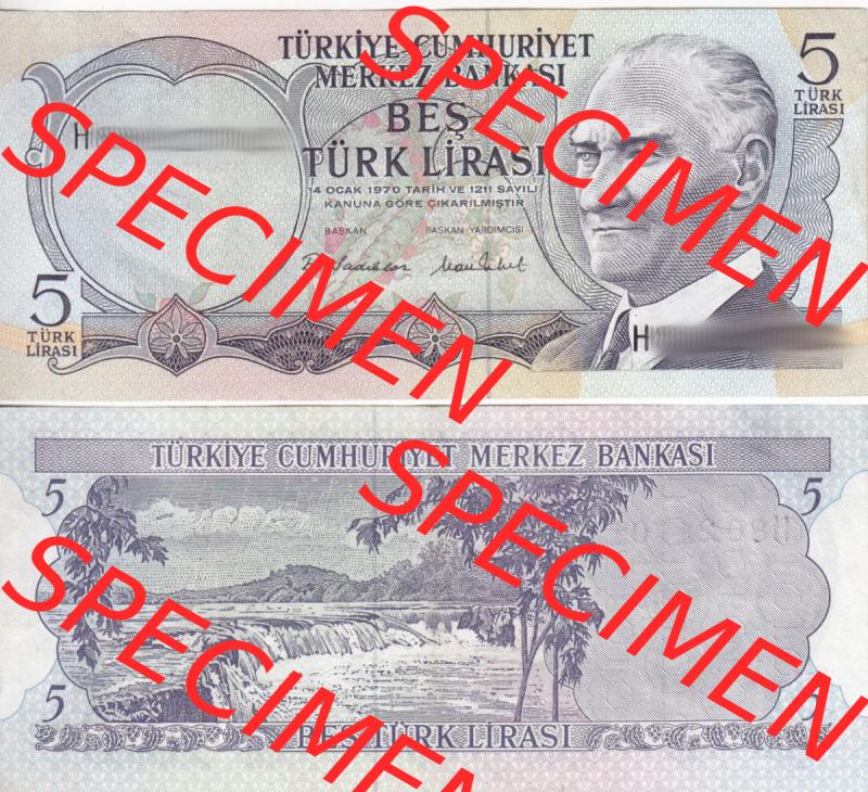 Banknote Türkei 1968-1968 (1930), 5 Lira. Vorderseite und Rückseite auf einen Digitalen Bild der Banknoten der Türkei 1968-1986, Banknoten aus Satz der Banknoten... Sammlung