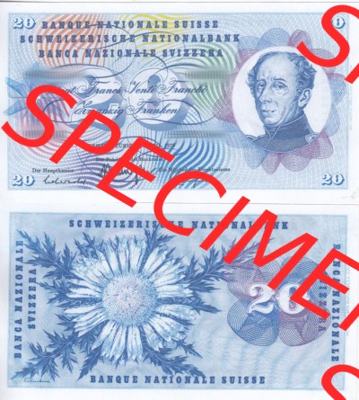 Banknoten Schweiz 1954-1976, 20 Franken. Vorderseite und Rückseite auf einen Digitalen Bild der Banknoten der Schweiz 1954-1977,... Sammlung
