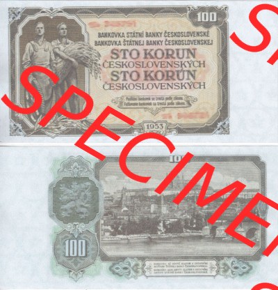 Banknoten Tschechoslowakei 1953-1953, 100 Kronen. Vorderseite und Rückseite auf einen Digitalen Bild der Banknoten der Tschechoslowakei... Sammlung