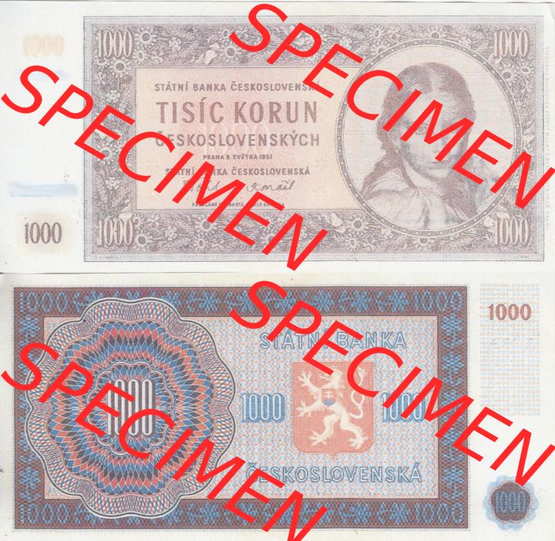 Banknoten Tschechoslowakei 1951-1951, 1000 Kronen, Tisic Korun. Vorderseite und Rückseite auf einen Digitalen Bild der Banknoten der Tschechoslowakei 1945-1951, Banknoten... Sammlung
