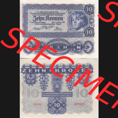 Banknoten Österreich 1922-1922, 10 Kronen. Vorderseite und Rückseite auf einen Digitalen Bild der Banknoten von Österreich 1922, Banknoten aus Satz der Banknoten Österreich... Sammlung