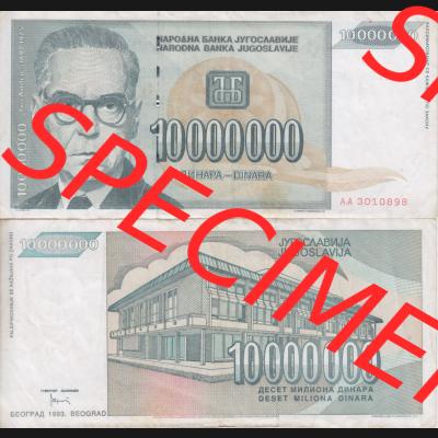 Banknoten Jugoslawien 1993-1993, 10000000 Dinar. Vorderseite und Rückseite einer Banknote aus dem nicht mehr existierenden Land Jugoslawien auf einen Digitalen Bild, Banknoten aus... Sammlung