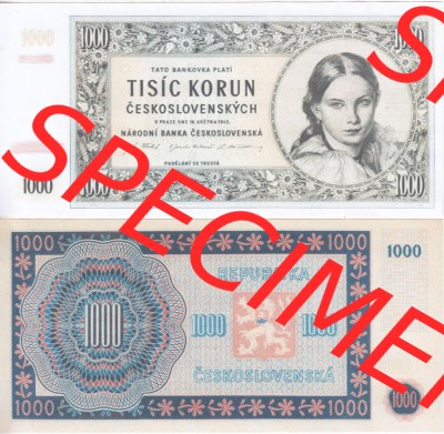 Banknoten Tschechoslowakei 1945-1945, 1000 Kronen, Tisic Korun. Vorderseite und Rückseite auf einen Digitalen Bild der Banknoten... Sammlung