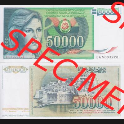 Banknoten Jugoslawien 1988-1988, 50000 Dinar. Vorderseite und Rückseite einer Banknote aus dem nicht mehr existierenden Land Jugoslawien auf einen Digitalen Bild, Banknoten aus... Sammlung