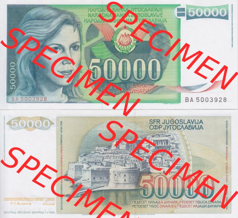 Banknoten Jugoslawien 1988-1988, 50000 Dinar. Vorderseite und Rückseite einer Banknote aus dem nicht mehr existierenden Land Jugoslawien auf einen Digitalen Bild, Banknoten aus... Sammlung
