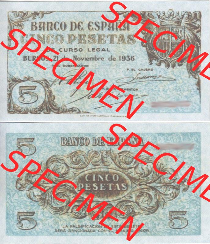 Banknoten Spanien 1936-1936, 5 Peseten. Vorderseite und Rückseite auf einen Digitalen Bild der Banknoten von Spanien 1936, Banknoten aus Satz der Banknoten Spanien 1936 in der Peseten-Währung... Sammlung