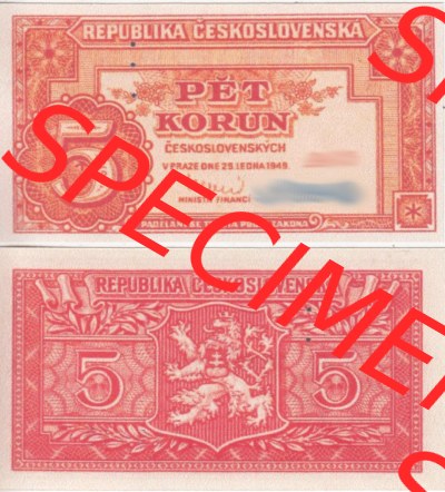 Banknoten Tschechoslowakei 1949-1949, 5 Kronen, Pet Korun. Vorderseite und Rückseite auf einen Digitalen Bild der Banknoten der... Sammlung