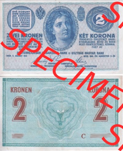 Banknoten Österreich 1914-1914, 2 Kronen Serie C. Vorderseite und Rückseite auf einen Digitalen Bild der Banknoten von Österreich... Sammlung