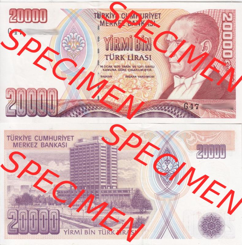 Banknote Türkei 1970, 20000 Lire. Vorderseite und Rückseite auf einen Digitalen Bild der Banknoten der Türkei 1968-1986, Banknoten aus Satz der Banknoten der Türkei... Sammlung