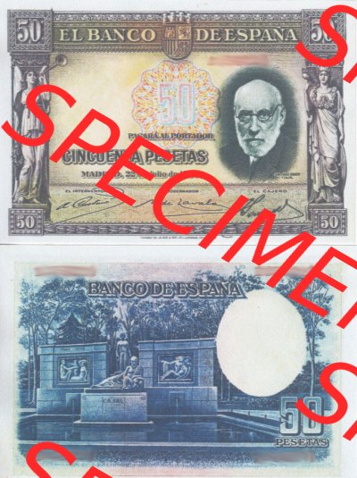 Banknoten Spanien 1935-1935, 50 Peseten. Vorderseite und Rückseite auf einen Digitalen Bild der Banknoten von Spanien 1935-1938,... Sammlung
