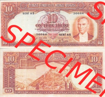 Banknote Türkei 1938, P128, 10 Lira. Vorderseite und Rückseite auf einen Digitalen Bild der Banknoten der Türkei 1937-1939,... Sammlung
