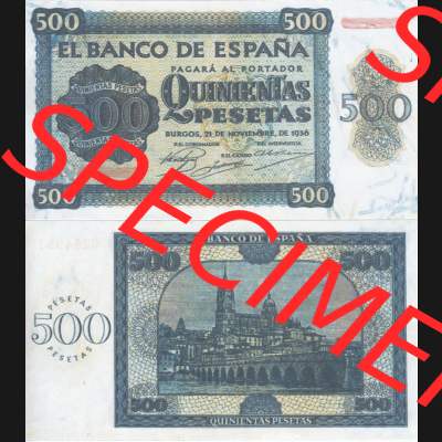 Banknoten Spanien 1936-1936, 500 Peseten. Vorderseite und Rückseite auf einen Digitalen Bild der Banknoten von Spanien 1936, Banknoten aus Satz der Banknoten Spanien 1936 in der... Sammlung