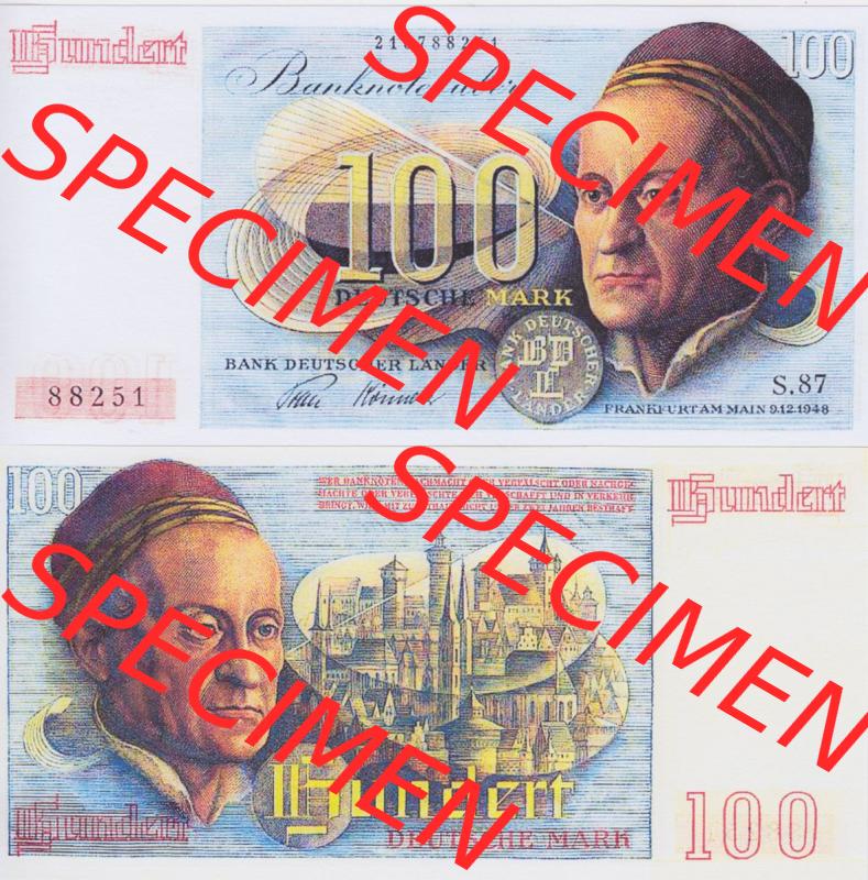 BRD Deutschland Bank Deutscher Länder 1948, 100 DM Deutsche Mark. Vorderseite und Rückseite auf einen Digitalen Bild der Banknoten Deutschland 1948 der Bank Deutscher Länder,... Sammlung