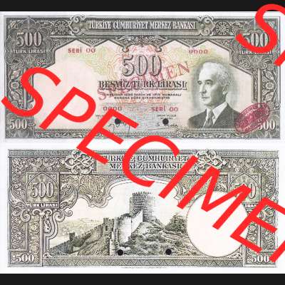 Banknote Türkei 1940, P138, 500 Lira. Vorderseite und Rückseite auf einen Digitalen Bild der Banknoten der Türkei 1940-1944, Banknoten aus Satz der Banknoten der... Sammlung