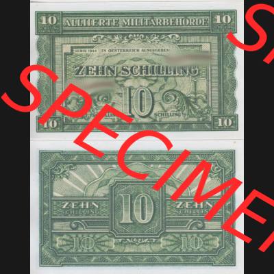 Banknoten Österreich 1944-1944, 10 Schilling Alliierte Militärbehörde. Vorderseite und Rückseite auf einen Digitalen Bild der Banknoten von Österreich 1944 Alliierte... Sammlung