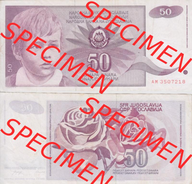 Banknoten Jugoslawien 1990-1990, 50 Dinar. Vorderseite und Rückseite einer Banknote aus dem nicht mehr existierenden Land Jugoslawien auf einen Digitalen Bild, Banknoten aus Satz... Sammlung