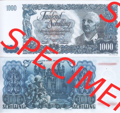 Banknoten Österreich 1954-1954, 1000 Schilling. Vorderseite und Rückseite auf einen Digitalen Bild der Banknoten von Österreich... Sammlung