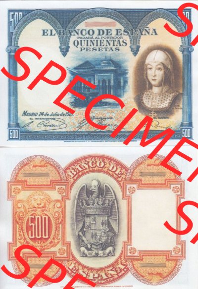 Banknoten Spanien 1927-1927, 500 Peseten. Vorderseite und Rückseite auf einen Digitalen Bild der Banknoten von Spanien 1926-1927,... Sammlung
