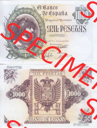 Banknoten Spanien 1940-1940, 1000 Peseten. Vorderseite und Rückseite auf einen Digitalen Bild der Banknoten von Spanien 1940,... Sammlung