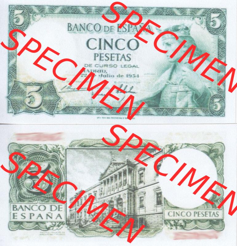 Banknoten Spanien 1954-1954, 5 Peseten. Vorderseite und Rückseite auf einen Digitalen Bild der Banknoten von Spanien 1953-1958, Banknoten aus Satz der Banknoten Spanien 1953-1958... Sammlung