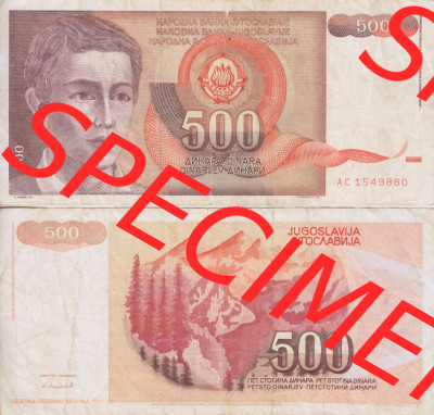 Banknoten Jugoslawien 1991-1991, 500 Dinar. Vorderseite und Rückseite einer Banknote aus dem nicht mehr existierenden Land Jugoslawien... Sammlung