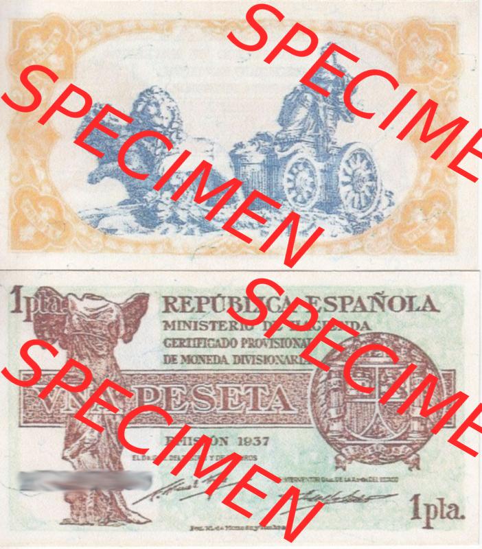 Banknoten Spanien 1937-1937, 1 Pesete. Vorderseite und Rückseite auf einen Digitalen Bild der Banknoten von Spanien 1937-1938, Banknoten aus Satz der Banknoten Spanien 1937-1938... Sammlung