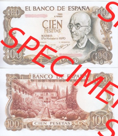 Banknoten Spanien 1970-1974, 100 Peseten. Vorderseite und Rückseite auf einen Digitalen Bild der Banknoten von Spanien 1965-1978,... Sammlung