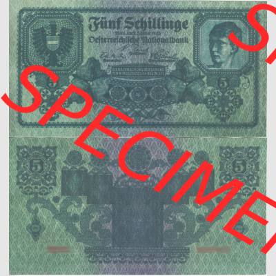 Banknoten Österreich 1925-1925, 5 Schilling. Vorderseite und Rückseite auf einen Digitalen Bild der Banknoten von Österreich 1924 und 1925, Banknoten aus 2 Sätzen... Sammlung