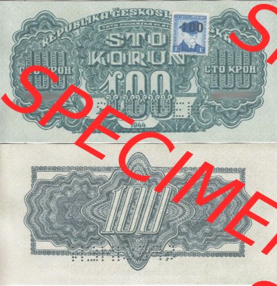 Banknoten Tschechoslowakei 1945-1945, 100 Kronen III mit aufgeklebter Briefmarke, Geldscheine mit Briefmarken der provisorischen... Sammlung