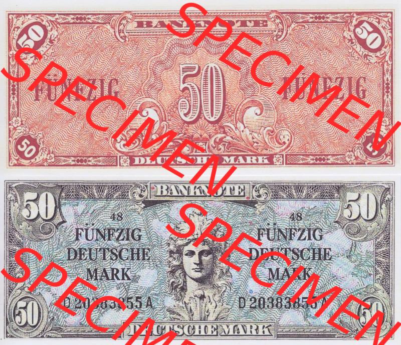 BRD Deutschland Alliierte Besetzung 1948, 50 Deutsche Mark II.. Vorderseite und Rückseite auf einen Digitalen Bild der Banknoten Deutschland 1948 der Alliierte Besetzung,... Sammlung