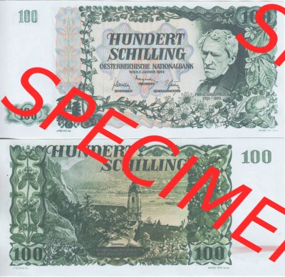 Banknoten Österreich 1954-1954, 100 Schilling. Vorderseite und Rückseite auf einen Digitalen Bild der Banknoten von Österreich... Sammlung