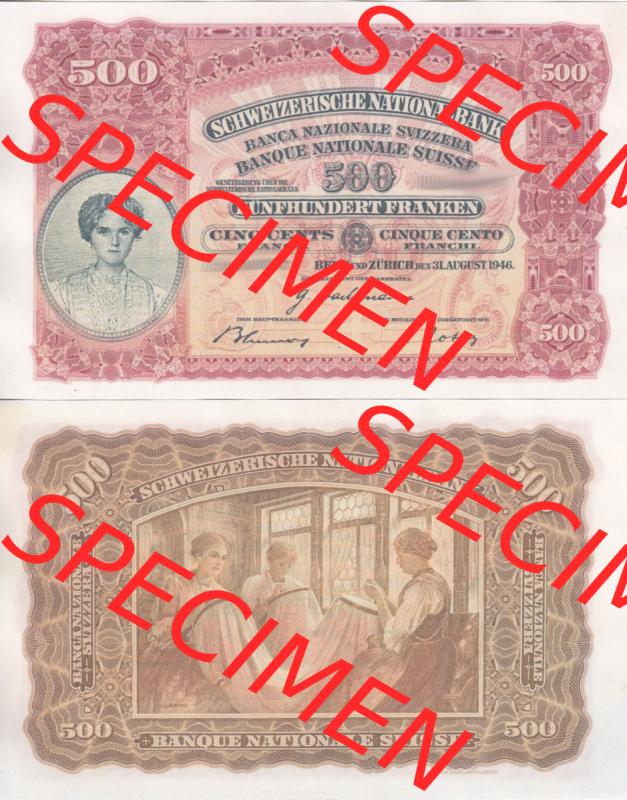 Banknoten Schweiz 1928-1949, 500 Franken. Vorderseite und Rückseite auf einen Digitalen Bild der Banknoten der Schweiz 1913-1955, Banknoten aus Satz der Banknoten Schweiz 1913-1955... Sammlung